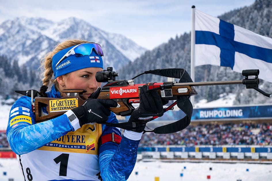 Ampumahiihtäjä talvisessa maisemassa.